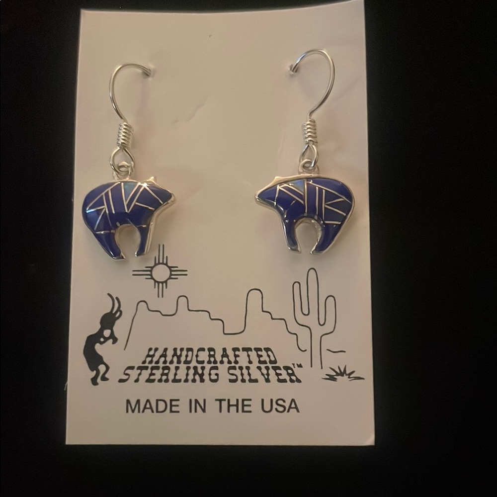 Sterling Silver Bear Earrings with Blue Lapis Inlay